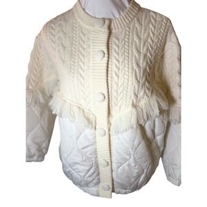 Sunday Up Cream Cable Knit Fringed Quilted Puffer Jacket Cardigan Medium M